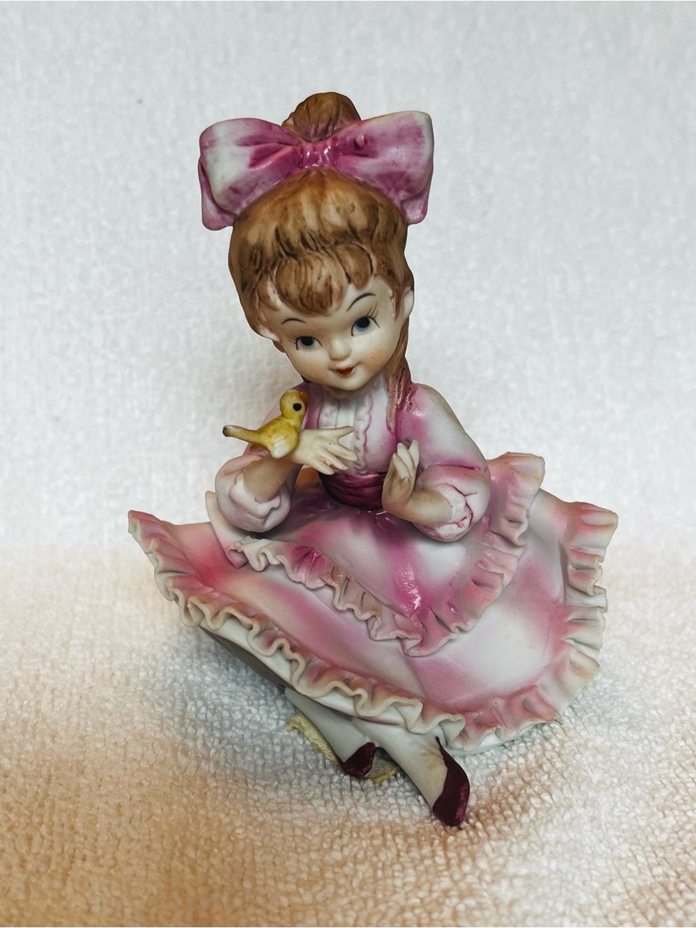 Lefton China - Porcelain Girl Figurine in Pink with Bird